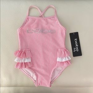 Bebe Baby Pink Ruffle Seersucker Swimsuit
